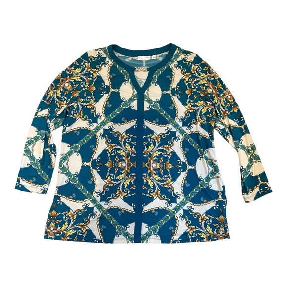 Susan Graver V Neck Shirt Blouse Plus 1X Stretch Geometric Womens CB95B - Picture 1 of 9